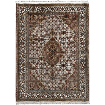 Rug with a large central medallion, brown background, beige and white ornamental border