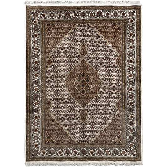 Rug with a large central medallion, brown background, beige and white ornamental border