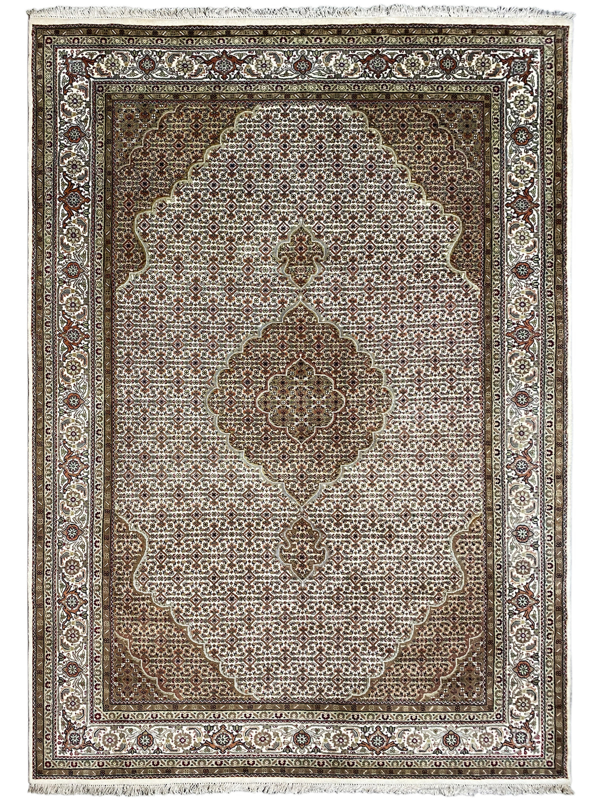 Brown and beige rug with a central medallion, surrounding border, and delicate pattern.