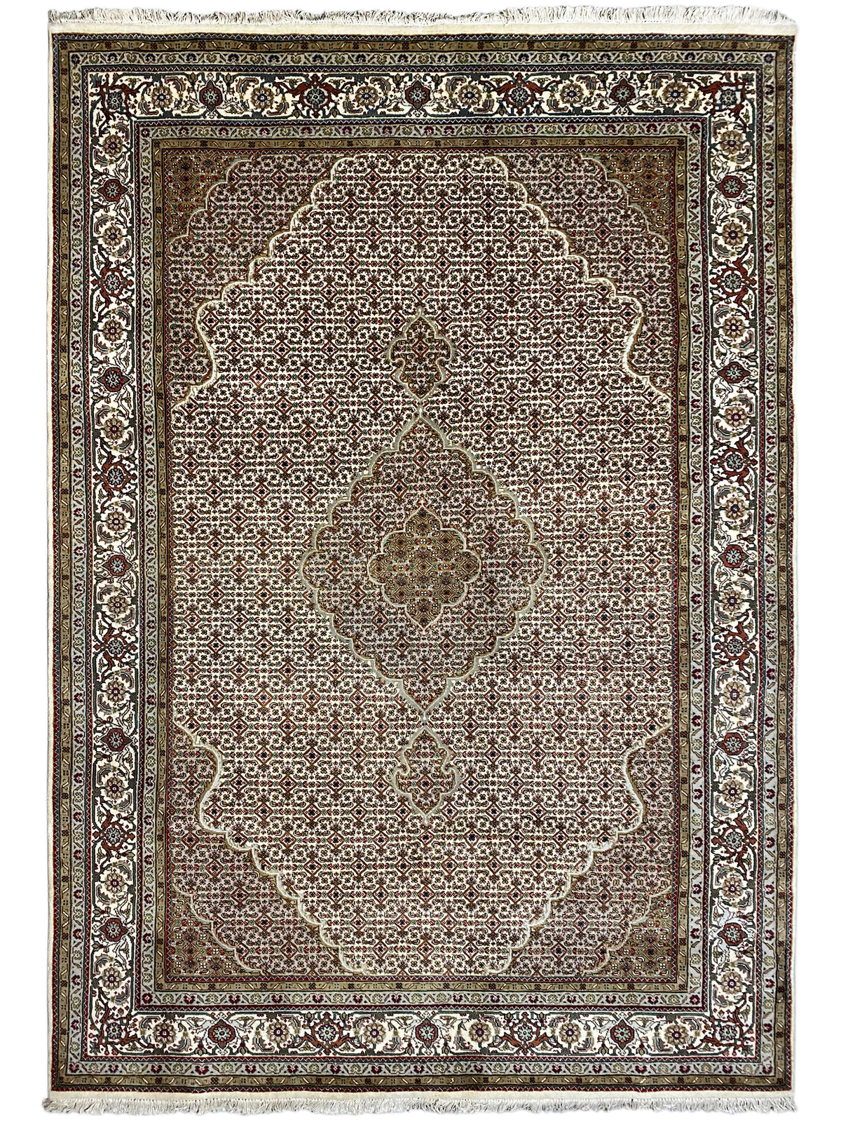 Indo Tabriz rug, central medallion with a vine pattern and decorative border encircling it