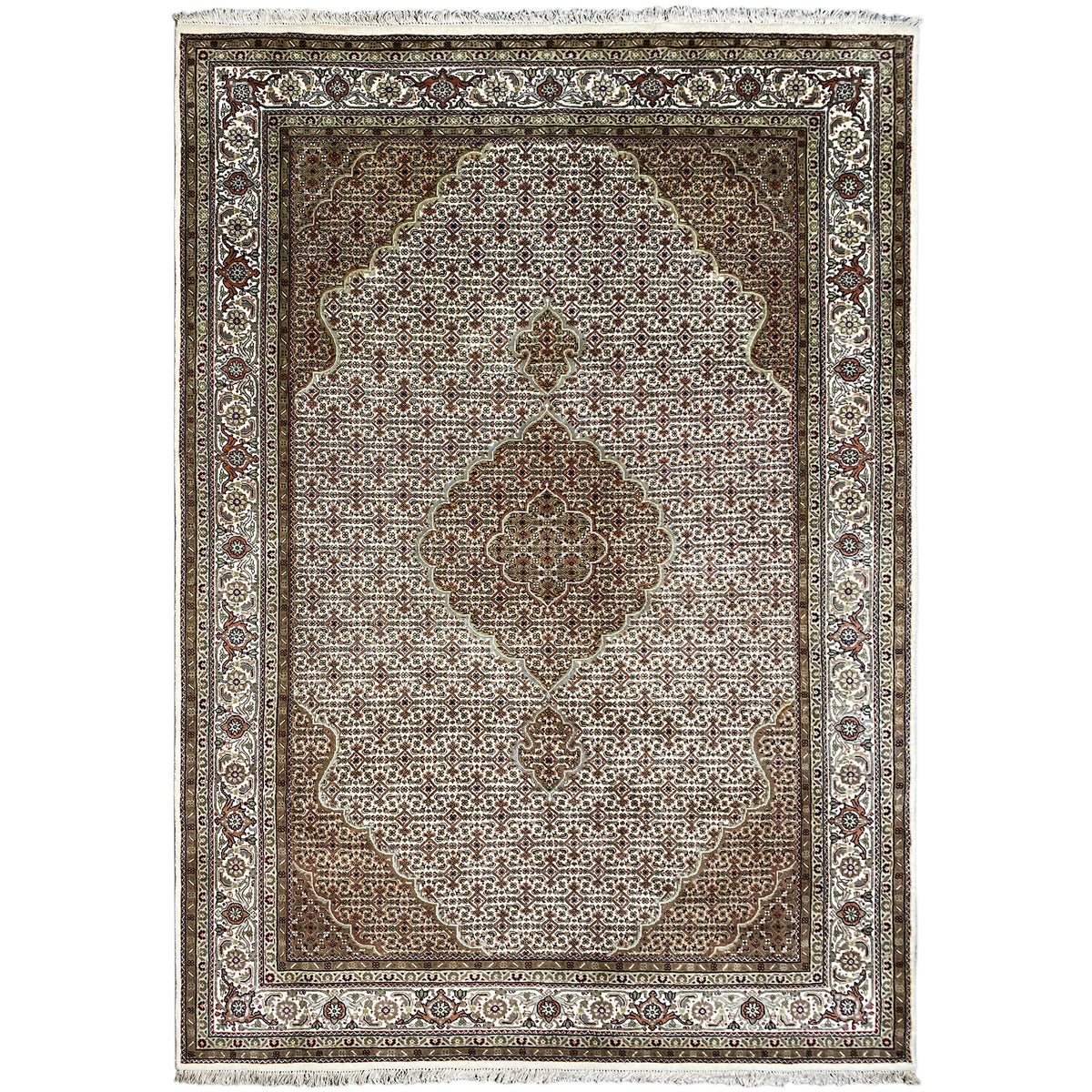 Rug with a rectangular pattern: dark brown background, light medallions and decorative borders.