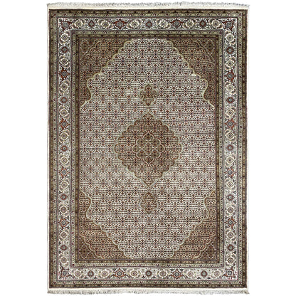 Rug with a rectangular pattern: dark brown background, light medallions and decorative borders.