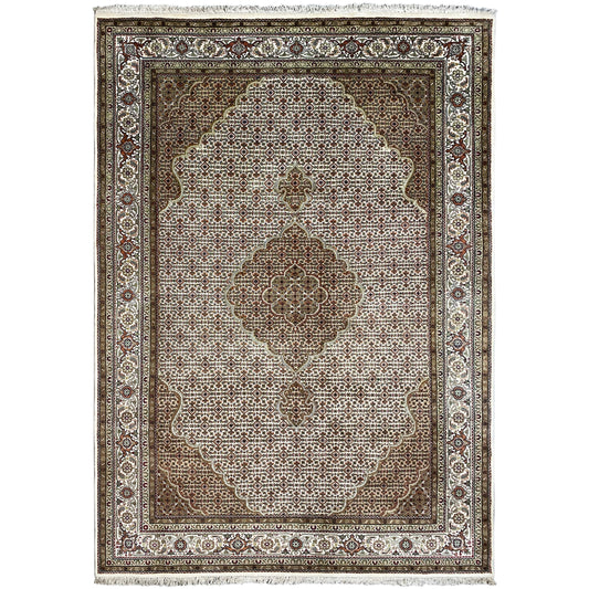 Rug with a rectangular pattern: dark brown background, light medallions and decorative borders.