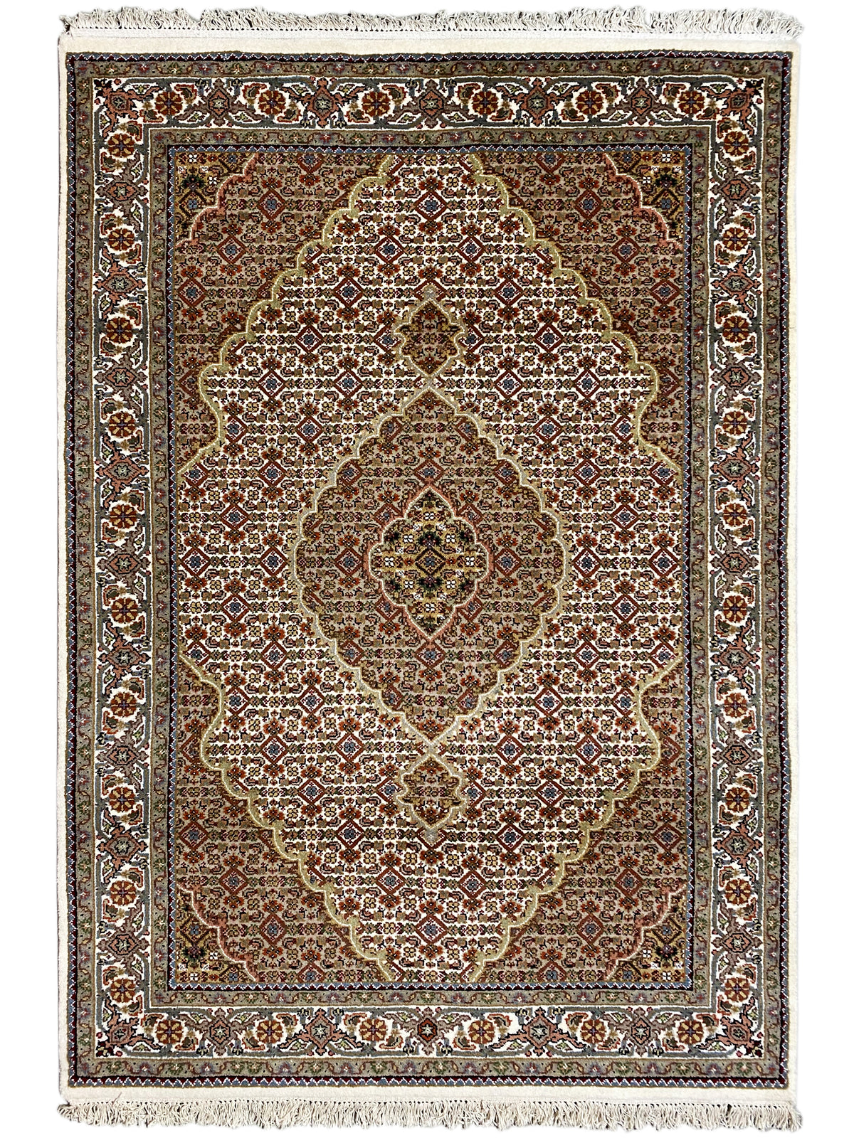 Indo Tabriz rectangular rug with central medallion, brown-beige, fringes on both sides