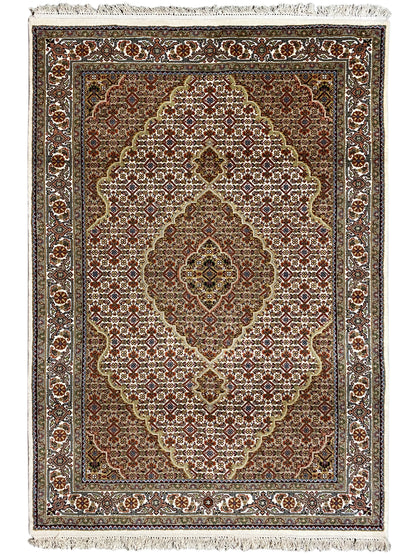 Indo Tabriz rectangular rug with central medallion, brown-beige, fringes on both sides