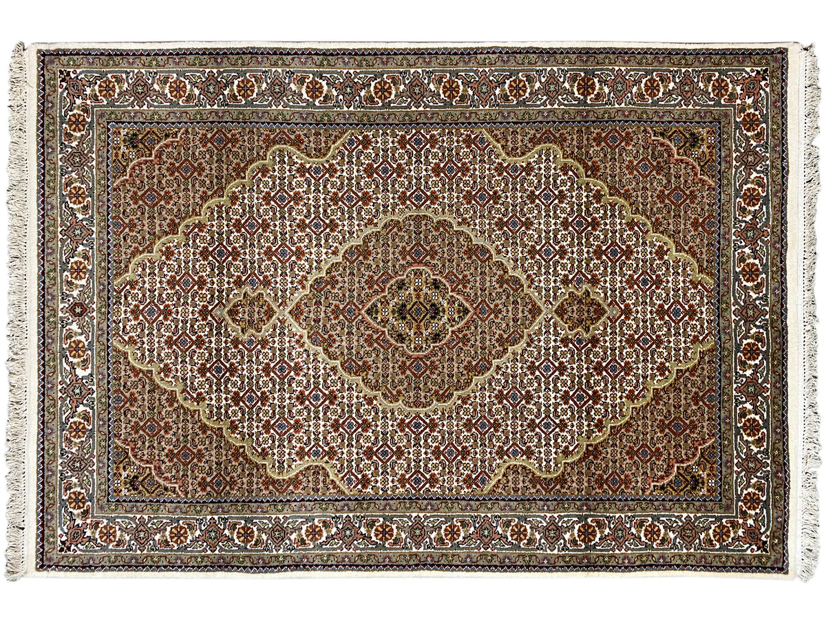 Indo Tabriz rectangular rug with border and medallion, brown-beige