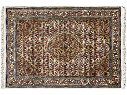 Indo Tabriz rectangular rug with border and medallion, brown-beige