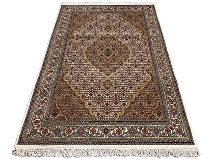 Indo Tabriz rectangular rug, brown-beige pattern with fringes along the edge