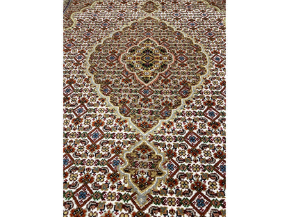 Indo Tabriz rug from above, central medallion, brown-beige, pattern clearly visible