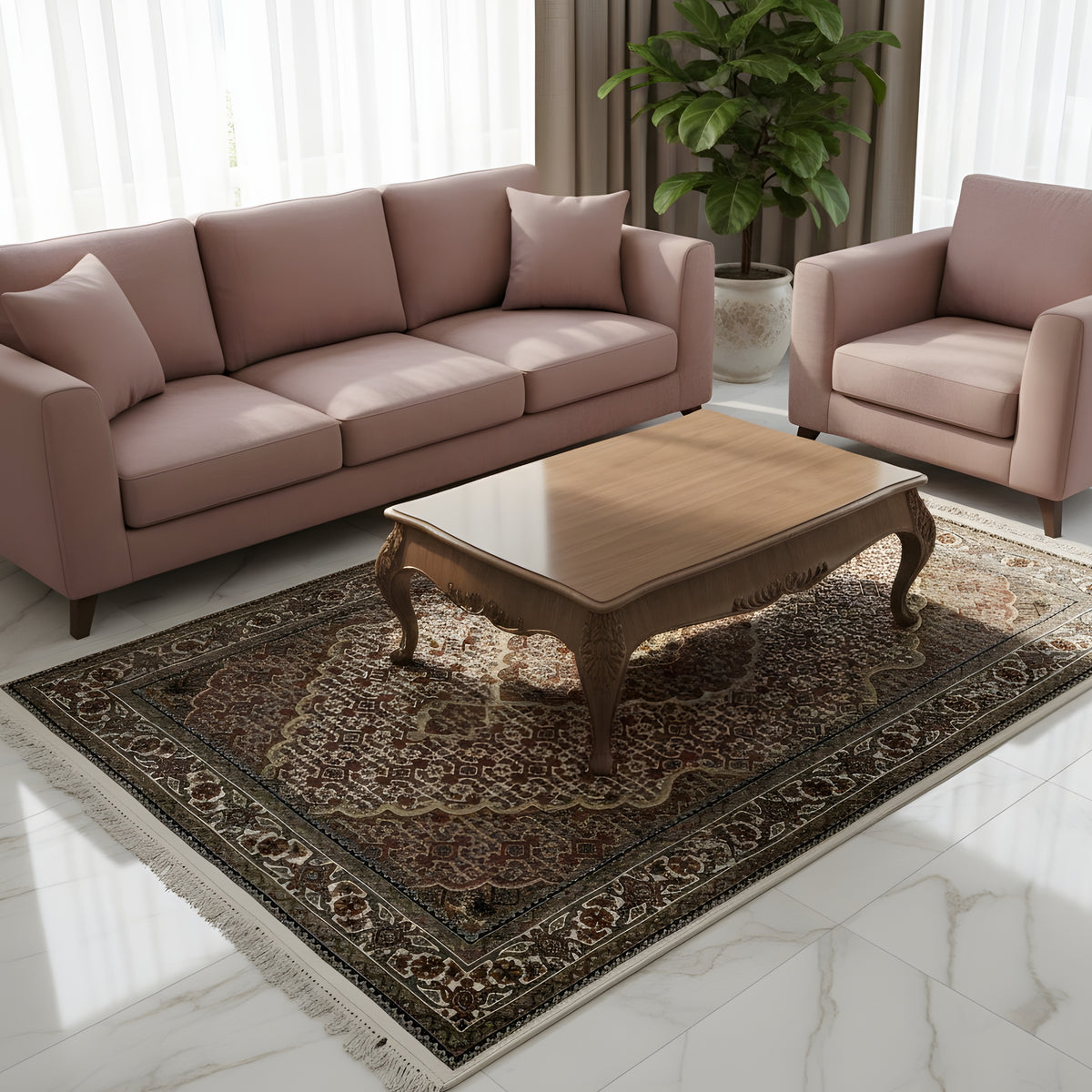Indo Tabriz rug with classic ornamental design and a wide border trim