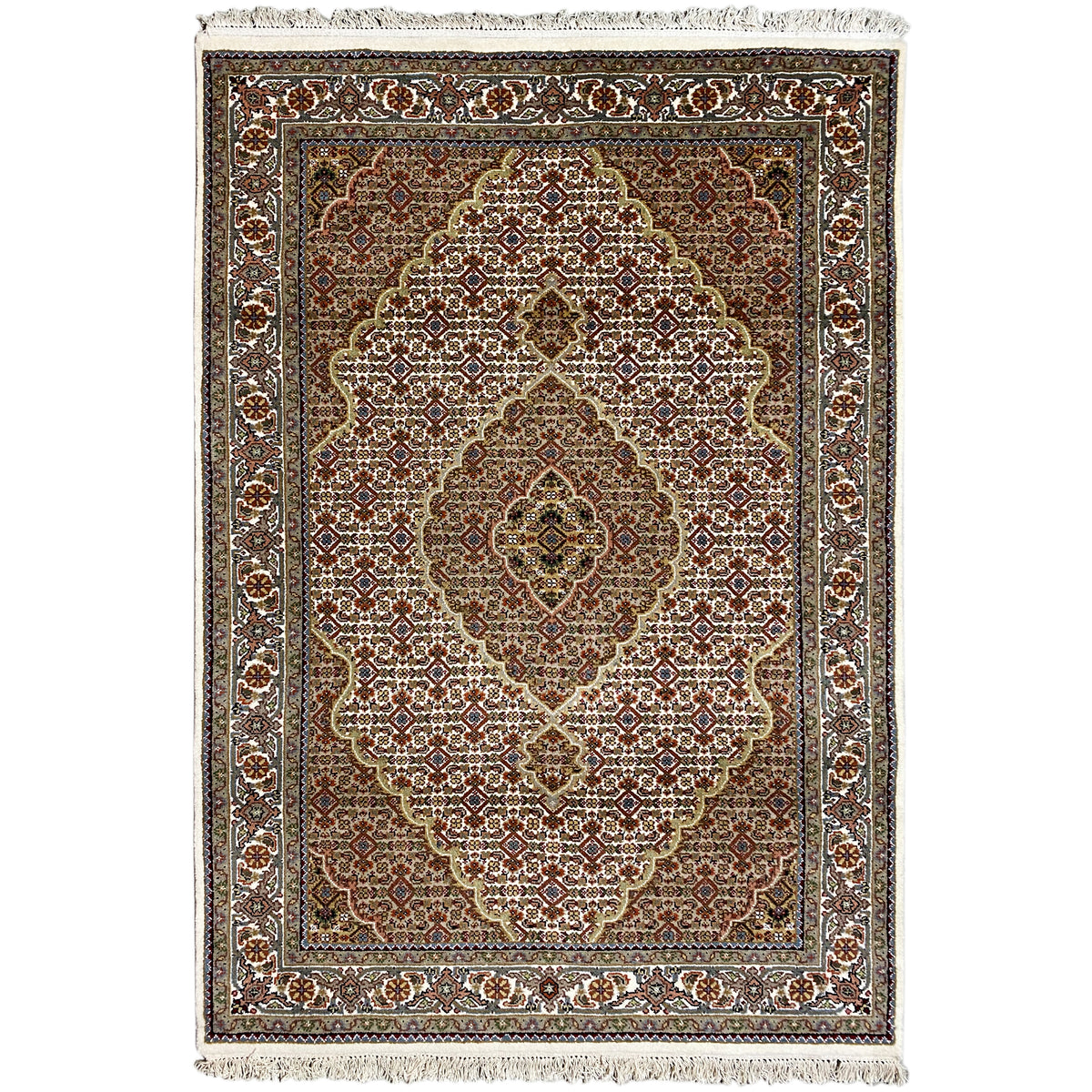 Indo Täbriz rectangular rug with an ornamental medallion, brown and beige, with fringes