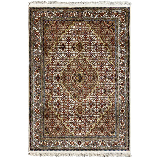 Indo Täbriz rectangular rug with an ornamental medallion, brown and beige, with fringes