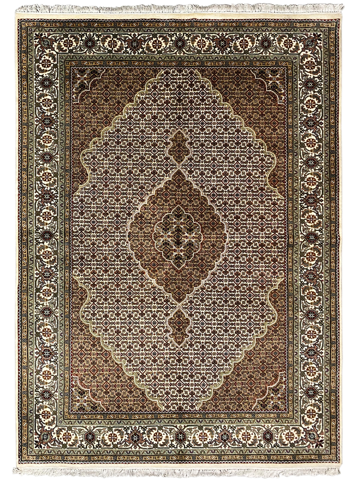 Indo Tabriz rug 245x170 cm, central medallion area in brown and cream