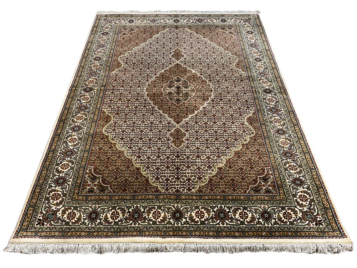 Indo Tabriz rug 245x170 cm with fringes, brown and cream ornamental design