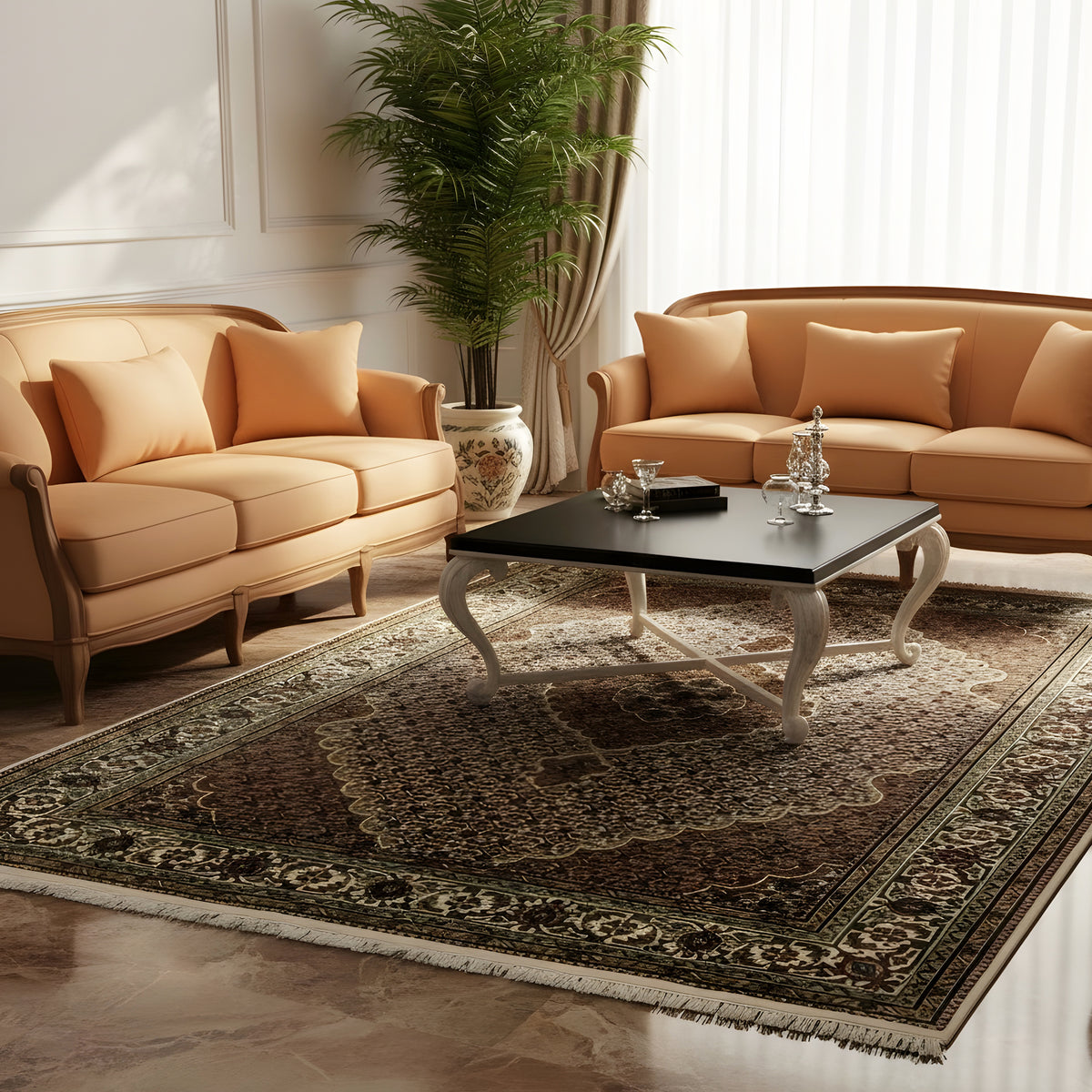 Large patterned rug, dark green with beige ornaments and border