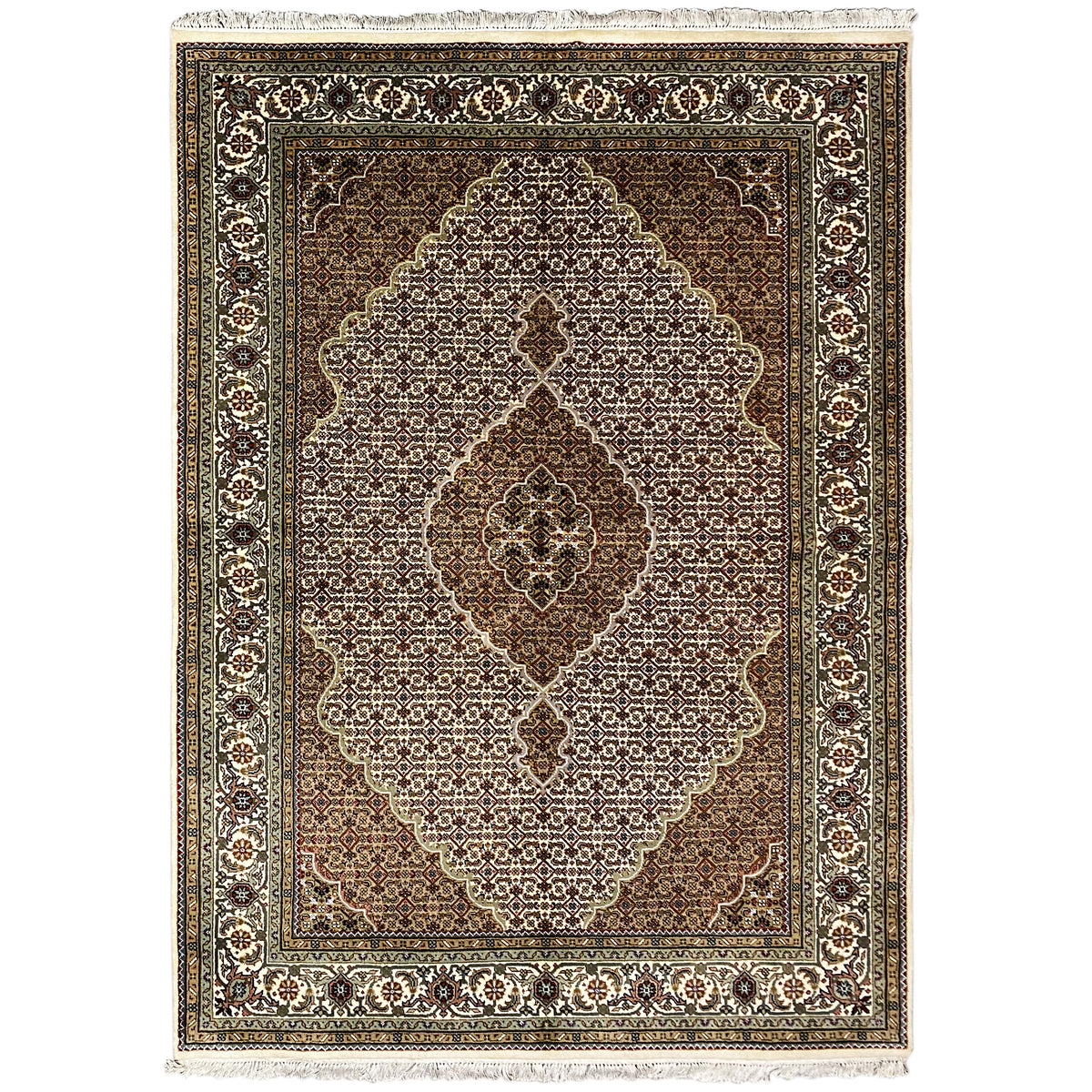 Indo Tabriz rug 245x170 cm, dark border, cream-colored ornamental panels