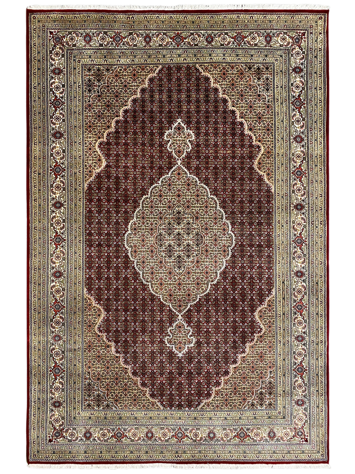 Indo Tabriz rug with medallion pattern in dark red, beige, and cream