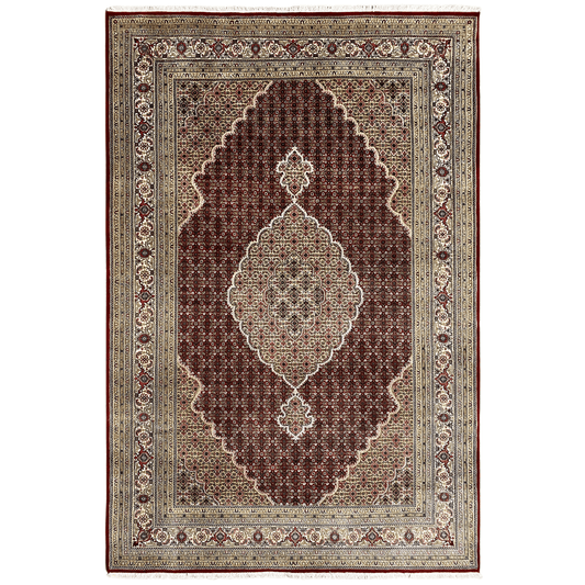 Indo Tabriz rug: dark red field, medallion ornament, beige border