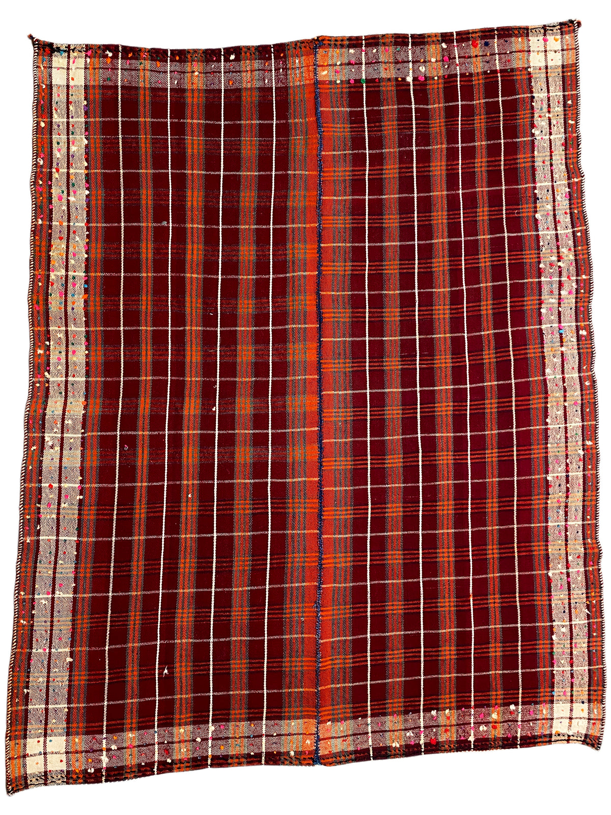 Rug with a red checkered pattern, beige border, and uniform grid structure