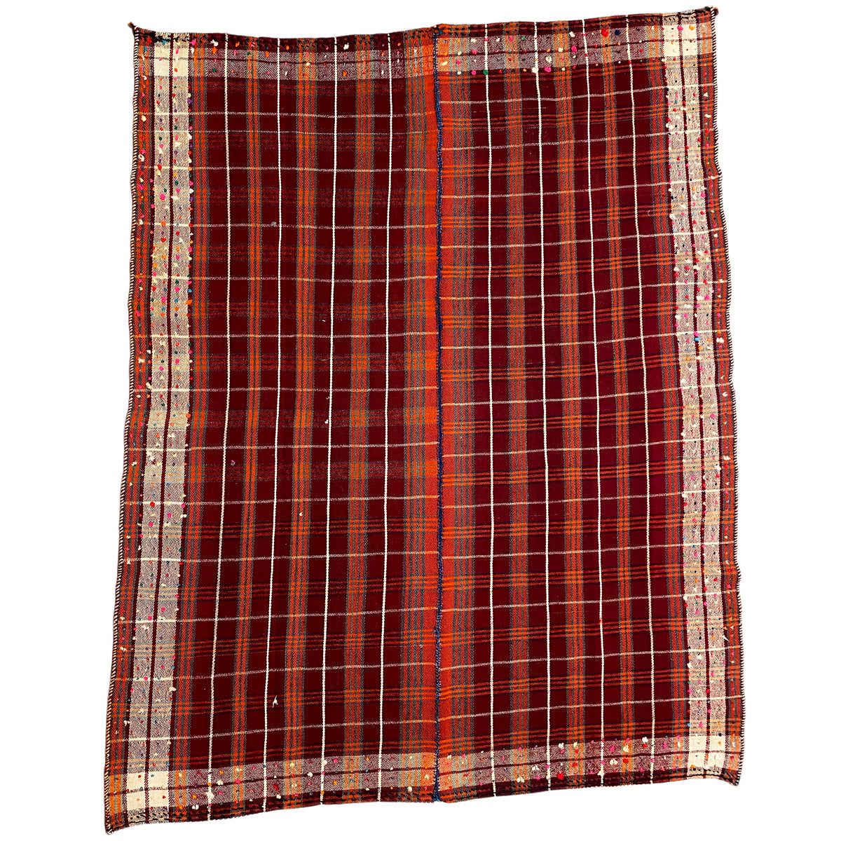 Square-looking rug with a deep red checkered pattern and beige border trim stripe