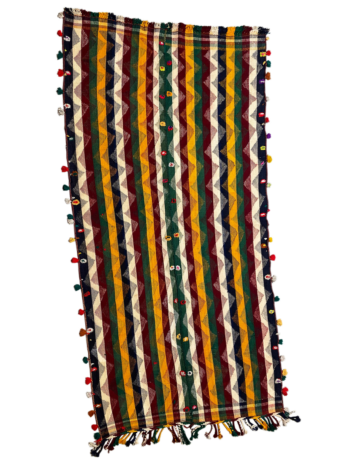 Jajim rug with vertical yellow, green, and red stripes, tassel fringe