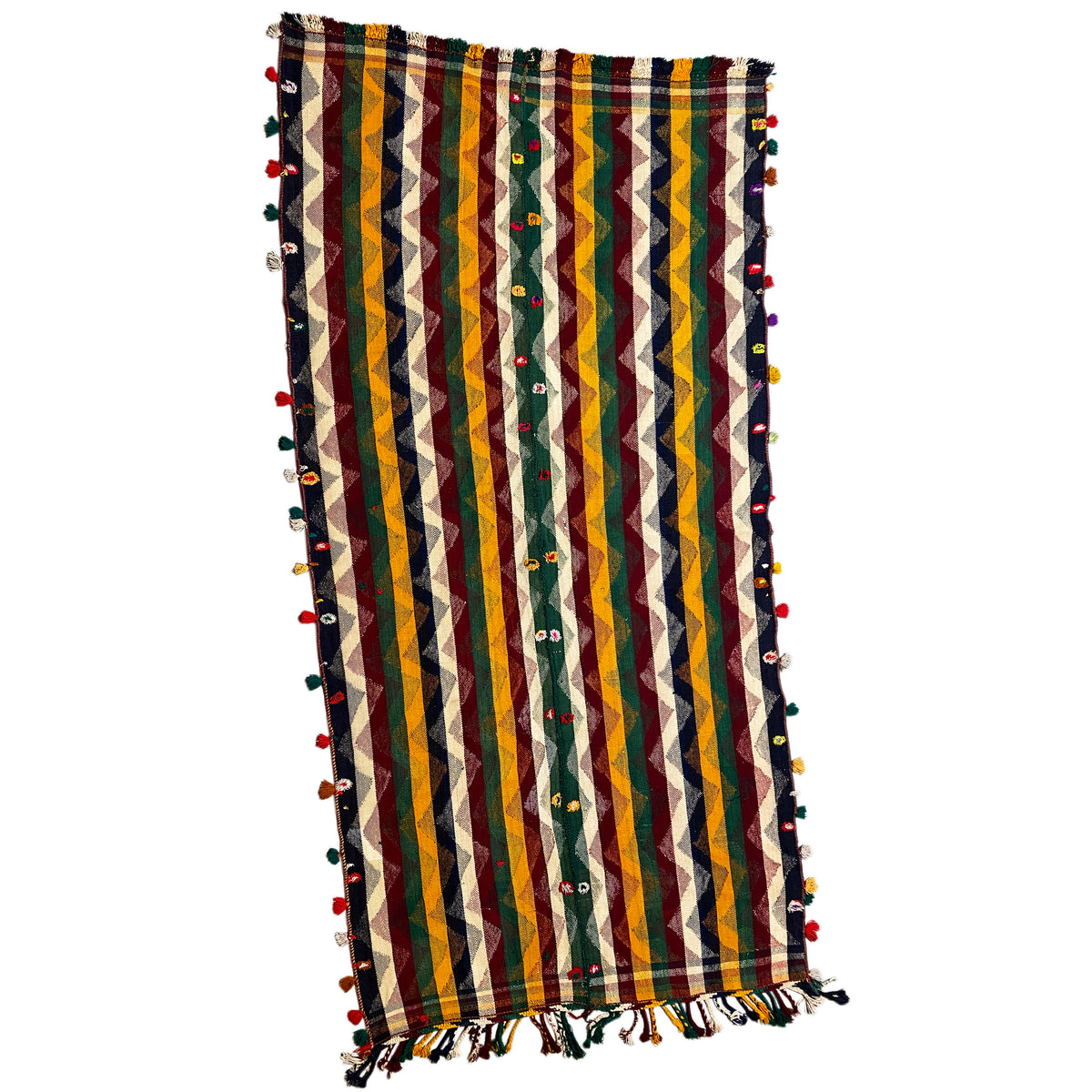 Rectangular jajim rug with vertical multicolored stripes and side fringes