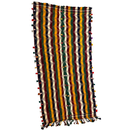 Rectangular jajim rug with vertical multicolored stripes and side fringes