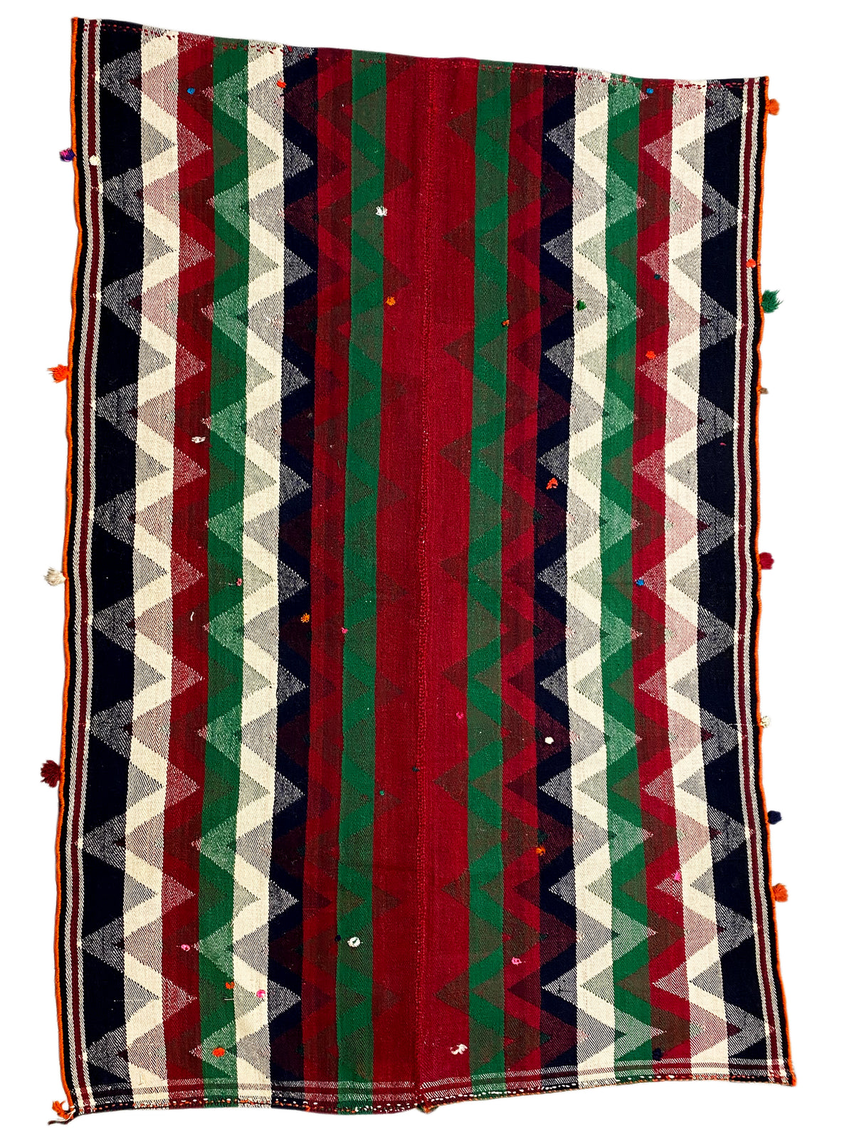 Rectangular Jajim rug with colorful stripes and decorative tassels at the corners