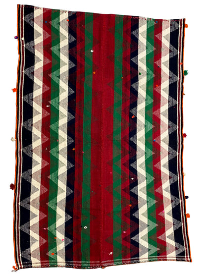 Rectangular Jajim rug with colorful stripes and decorative tassels at the corners