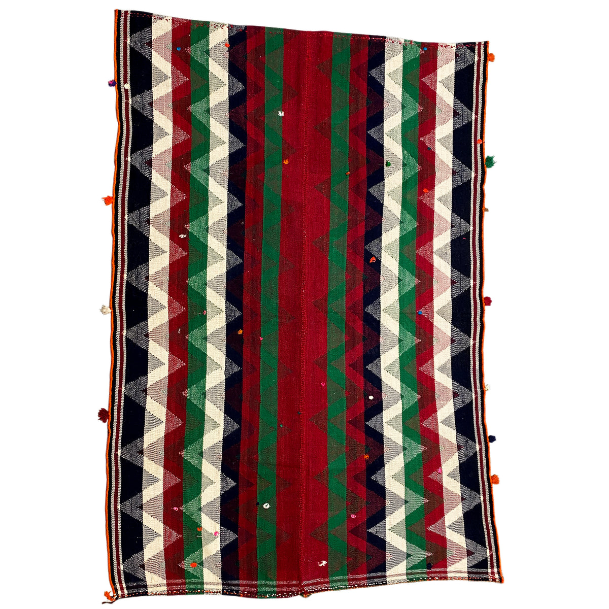 Full-view Jajim rug: vertical stripes in cream, red, green, and dark blue