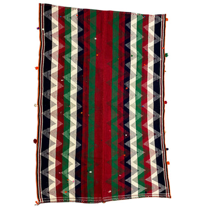 Full-view Jajim rug: vertical stripes in cream, red, green, and dark blue