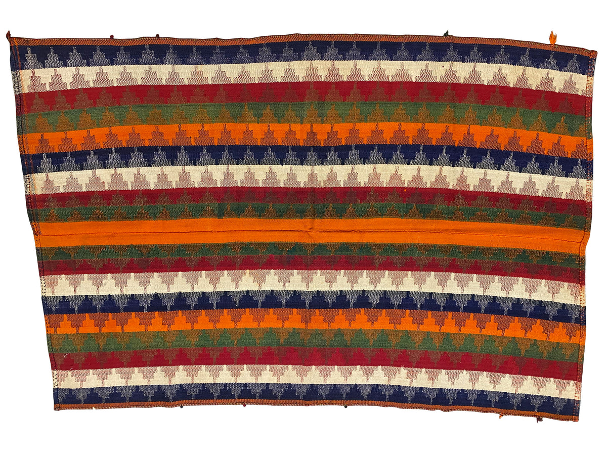Rug border with horizontal striped bands in blue, orange, green, and red; rectangular