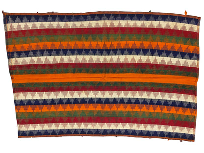 Rug border with horizontal striped bands in blue, orange, green, and red; rectangular