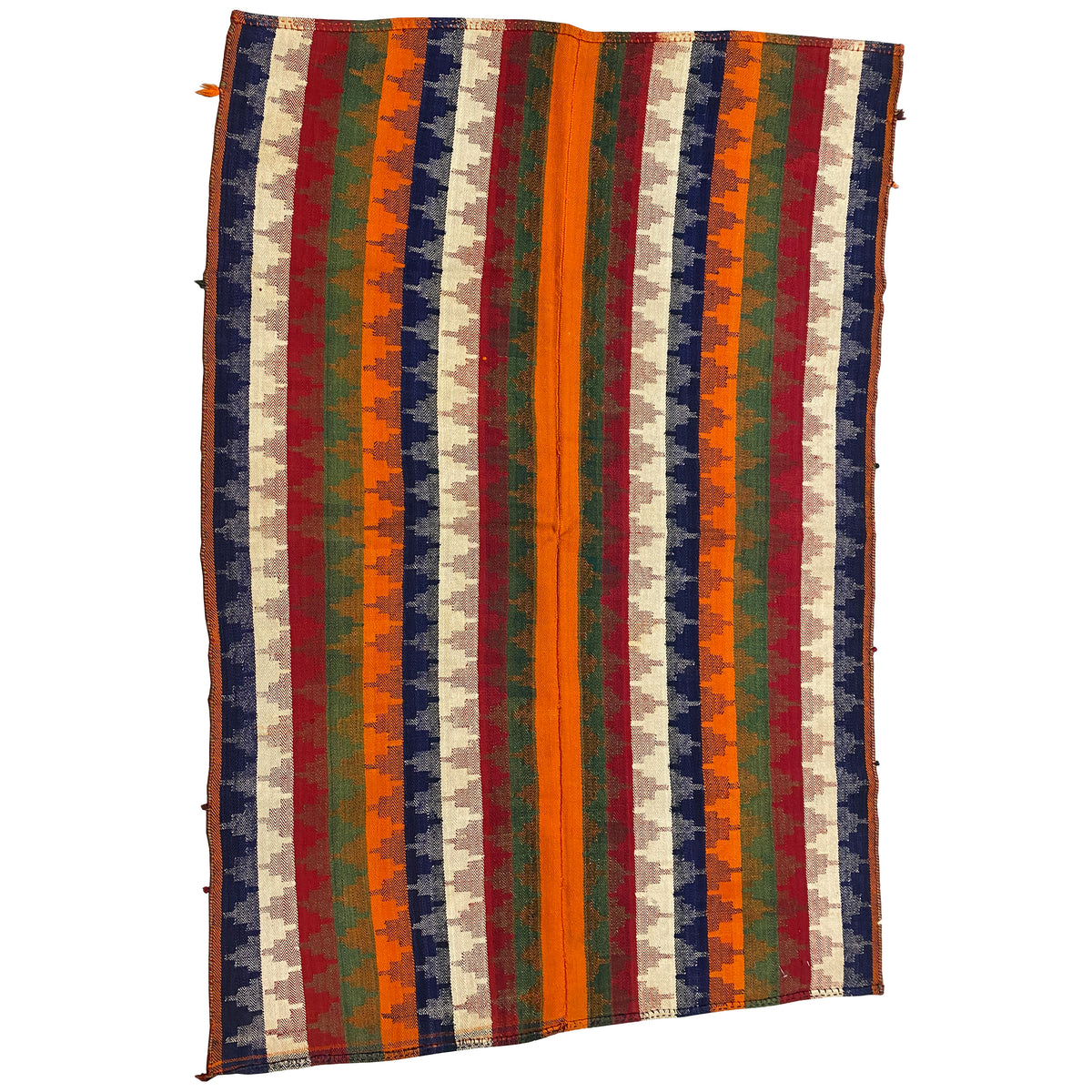 Rectangular rug with vertical stripes in orange, green, blue, red, and beige