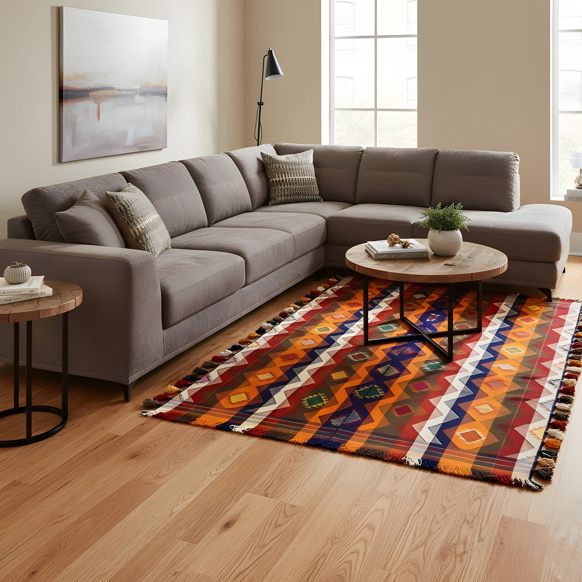 Jajim rug 237x150 cm on wooden floor with bold zigzag and diamond pattern