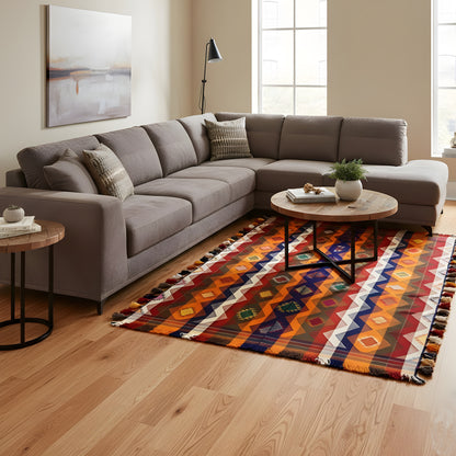 Jajim rug 237x150 cm on wooden floor with bold zigzag and diamond pattern