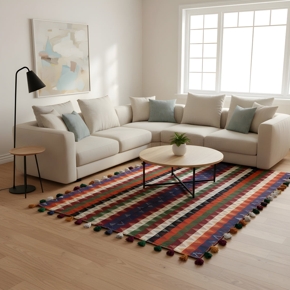 Multicolored striped rug with tassels, rectangular area on a light floor
