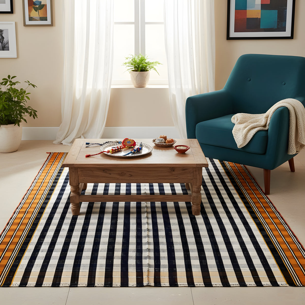 Jajim rug in the living room with a black-and-white striped pattern and yellow-orange border trim