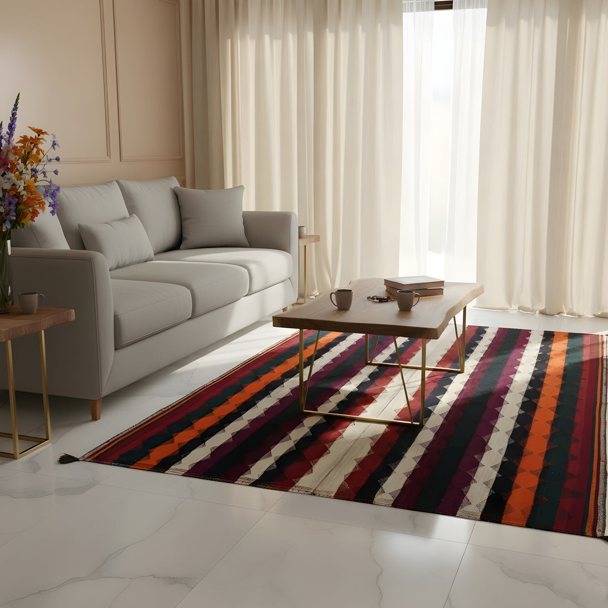 Colorful jajim rug with a striped pattern in purple, orange, dark blue, and cream in the living area