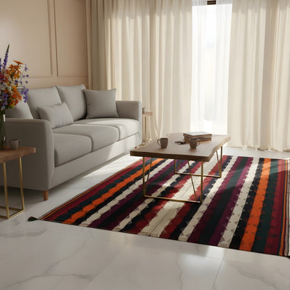 Colorful jajim rug with a striped pattern in purple, orange, dark blue, and cream in the living area