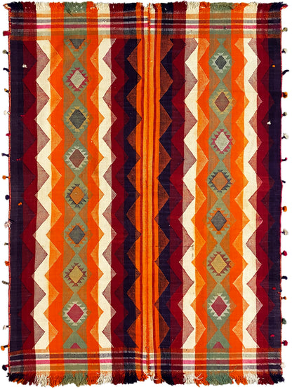 Jajim rug with fringes and diamond zigzags, color stripes in orange and dark blue