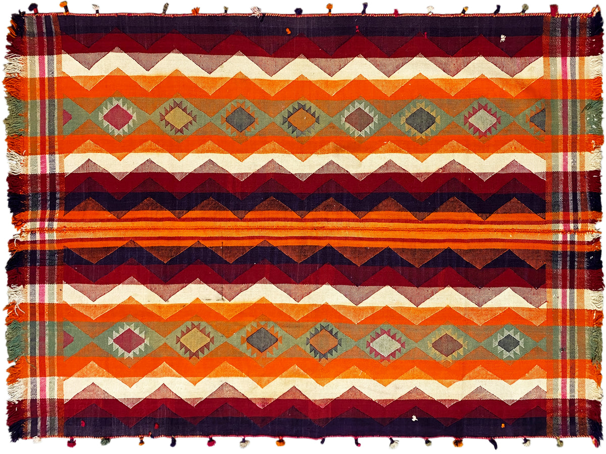 Jajim rug in multicolored stripes with a zigzag pattern and fringes
