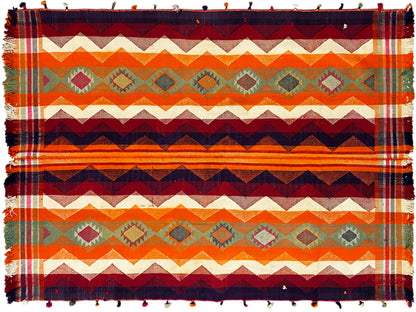 Jajim rug in multicolored stripes with a zigzag pattern and fringes