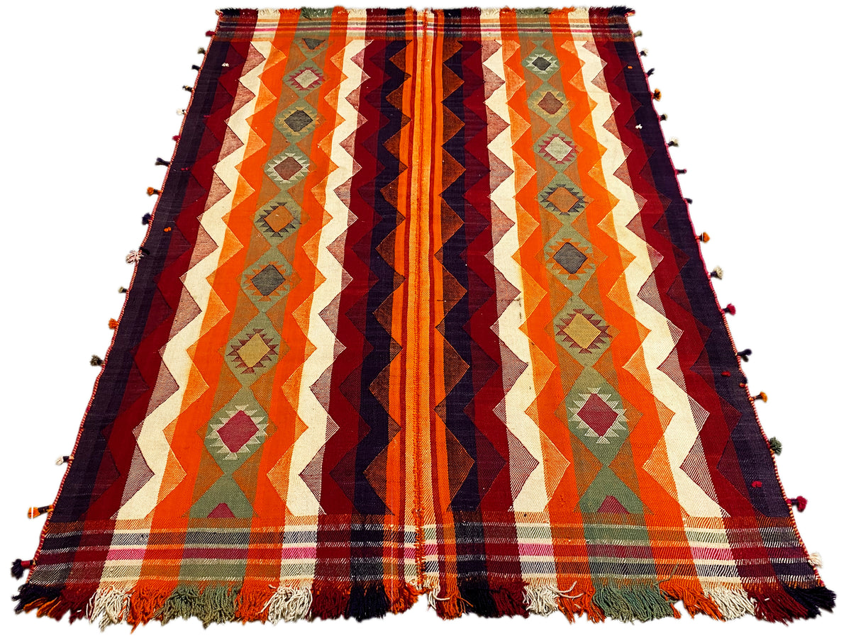 Square-format jajim rug with fringe, zigzag pattern in orange and green
