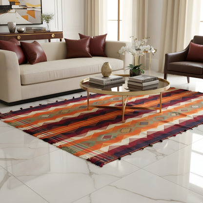 Multicolored jajim rug with zigzag and diamond patterns on the floor