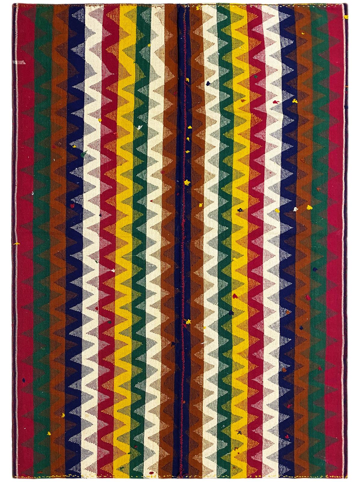 Rectangular jajim rug with multicolored zigzag stripes and cream-colored areas