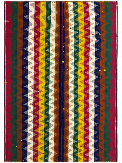Rectangular jajim rug with multicolored zigzag stripes and cream-colored areas