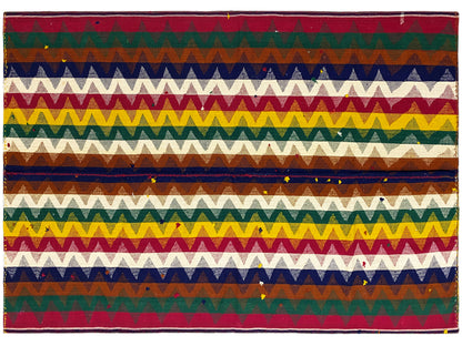 Jajim rug with a striped zigzag pattern in green, blue, red, and yellow, rectangular