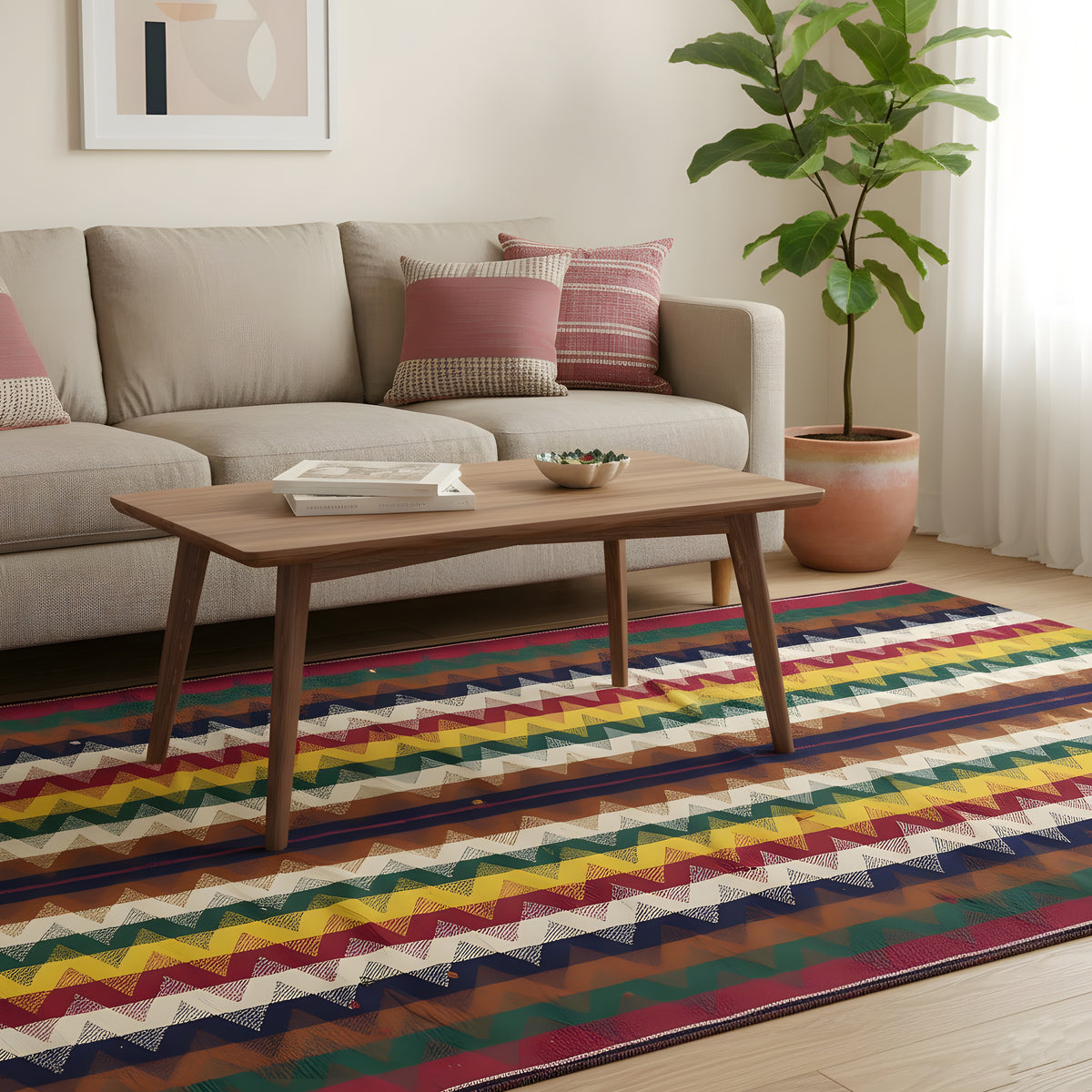 Jajim rug with a colorful zigzag pattern under the coffee table, rectangular