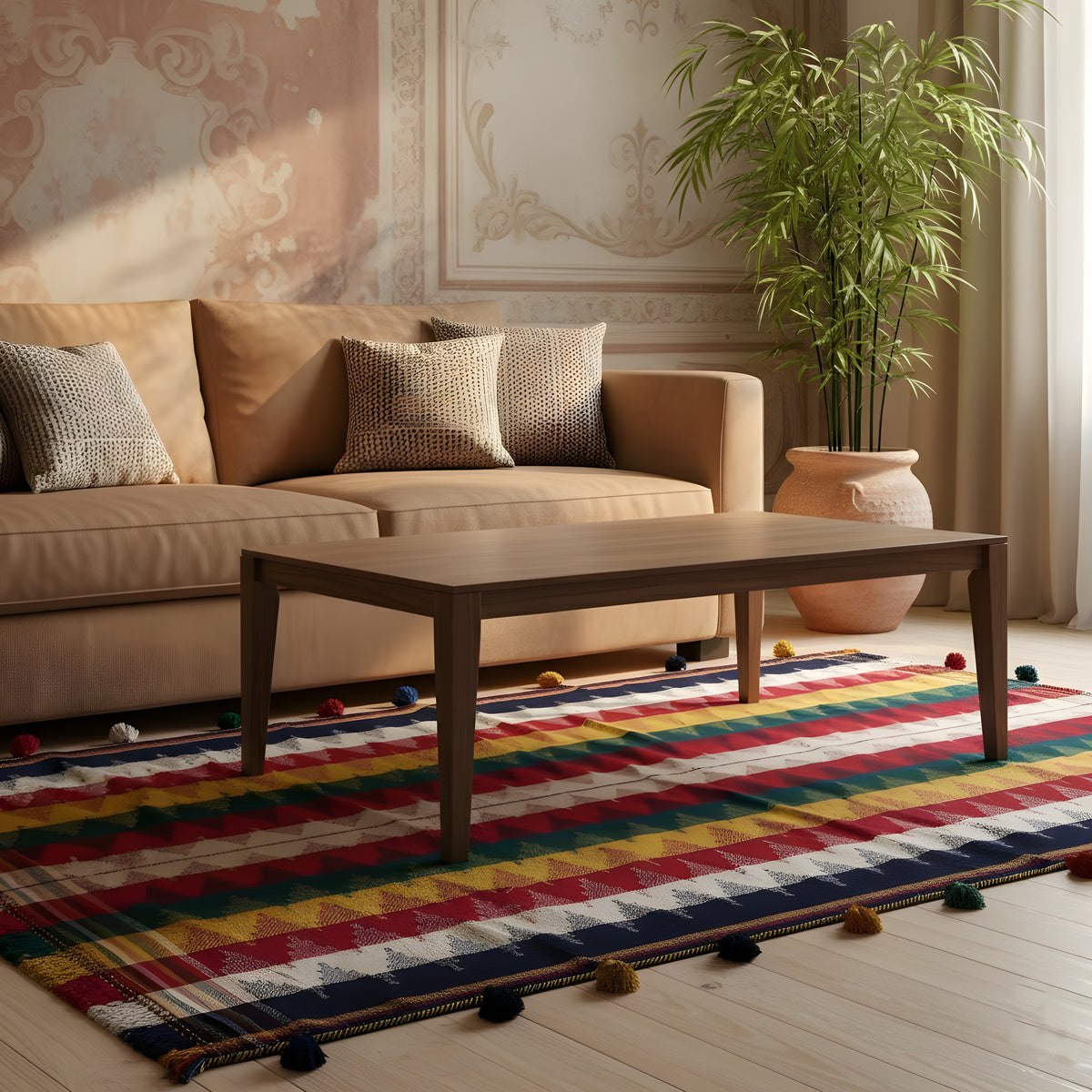 Jajim rug with colorful stripes and tassels, laid out under the coffee table